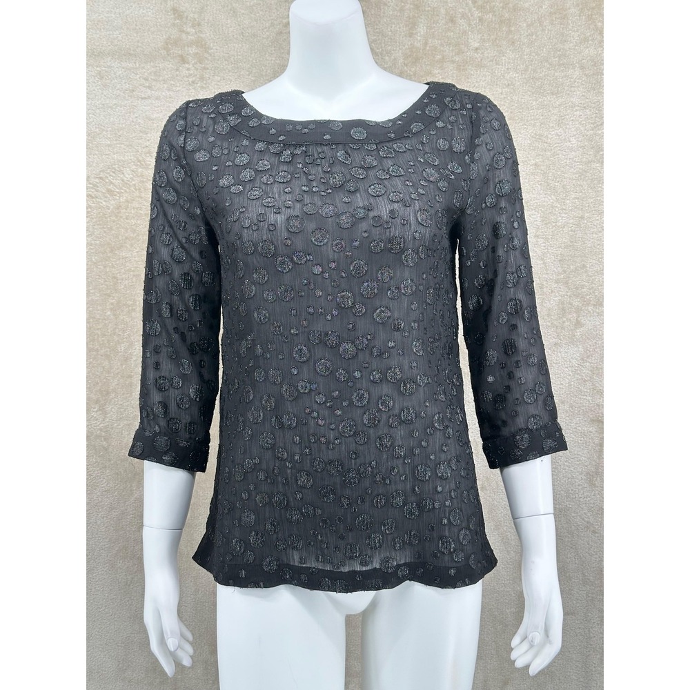 Ann Taylor LOFT Top Womens Small Black Sheer Polka Dot Textured Witchy Party